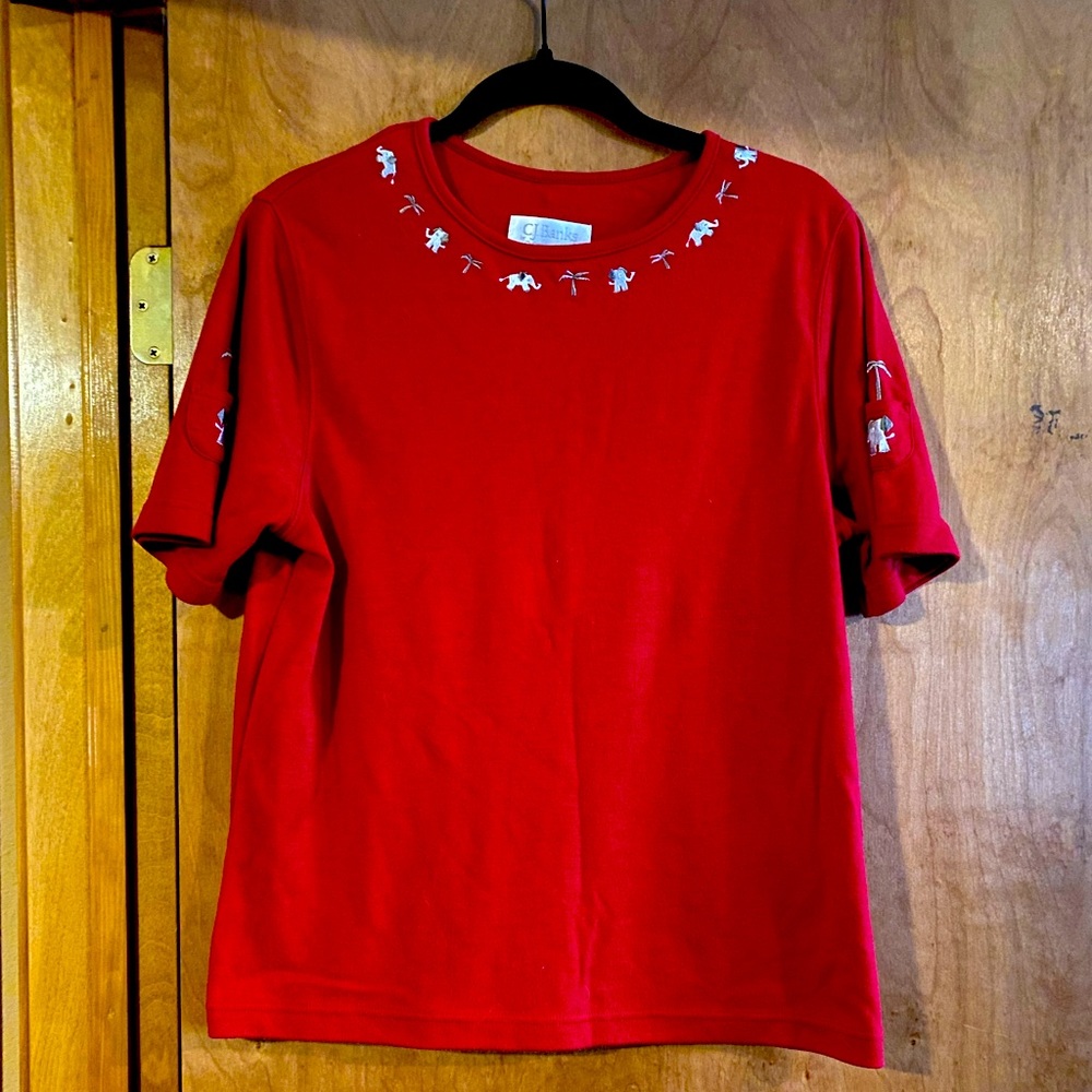 Red t-shirt from CJ Banks with cute embroidered elephants and palm trees.
